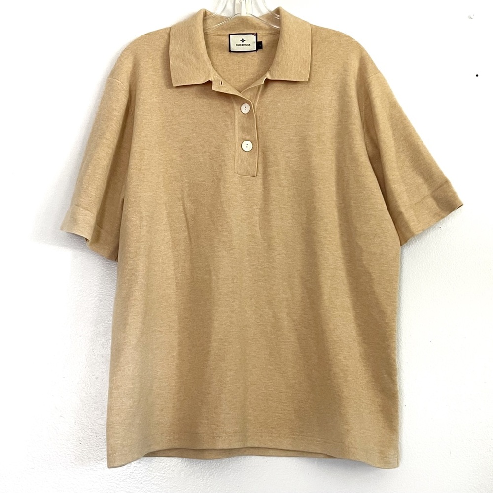 Tuckernuck Oatmeal Polo Knit Short Sleeve Top - Large